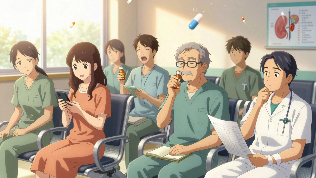 Diverse patients in a clinic holding different blood thinner bottles, sunlight streaming in, expressions of relief and contemplation.