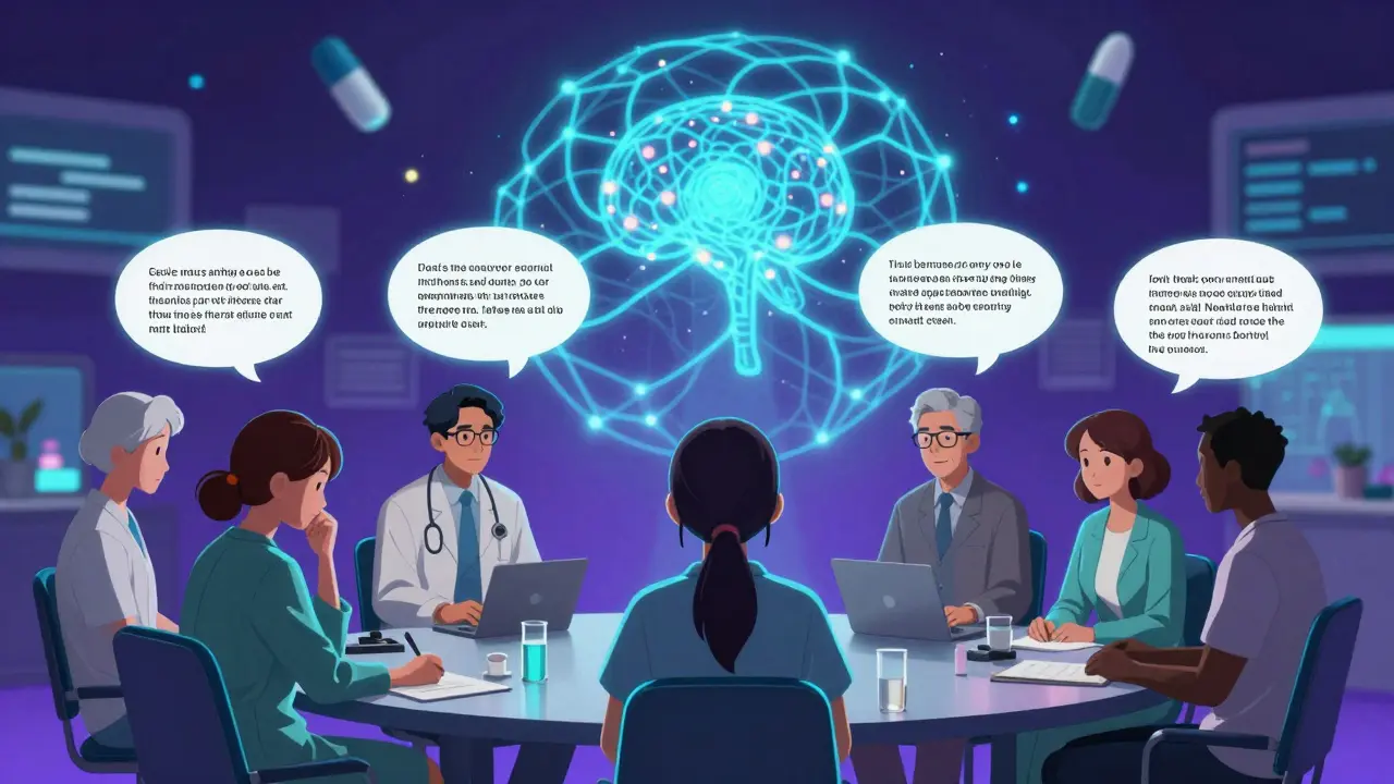 Diverse patients in virtual meeting with floating honest feedback bubbles and AI analysis.