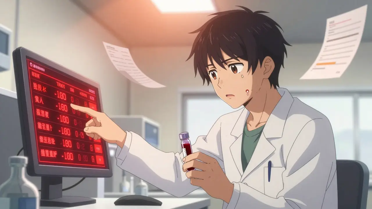 Doctor showing blood test results with elevated triglycerides and liver enzymes, patient holding vial in clinical setting.