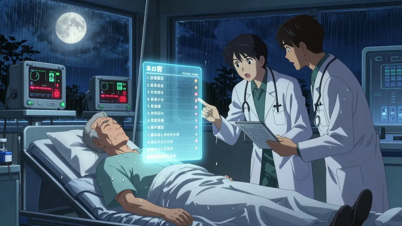 Elderly man in ER with floating medication list and doctors arguing over prescriptions.