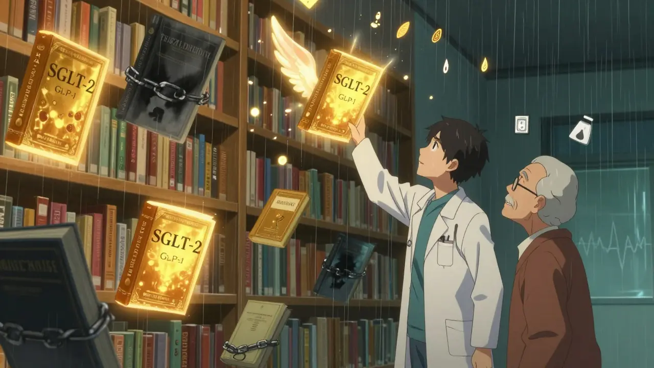 Floating diabetes medication books in a library, SGLT-2 and GLP-1 books glowing with wings.