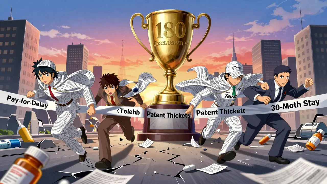 Generic drug companies sprinting toward a trophy through a city of patents and obstacles.