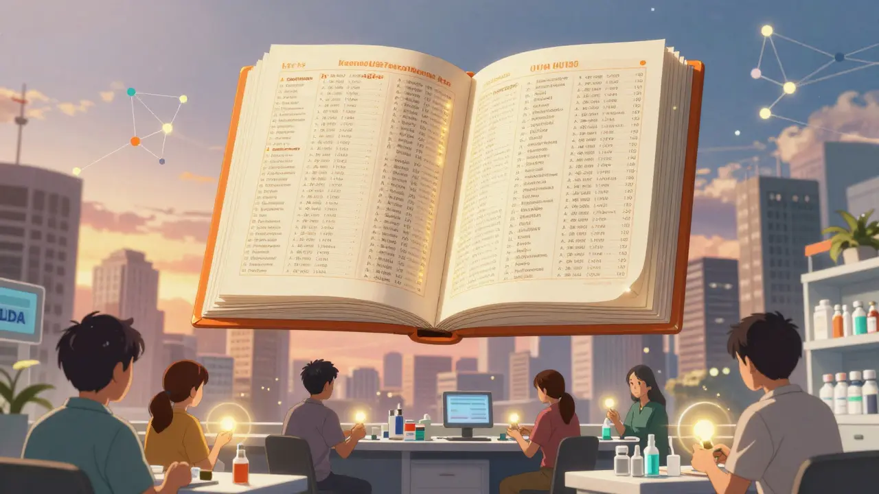 Glowing Orange Book above city with patients receiving generics, AI networks in background