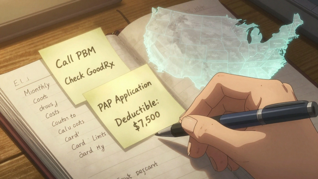 Hand writing in a notebook with floating notes about drug costs, deductibles, and next steps for managing medication expenses.