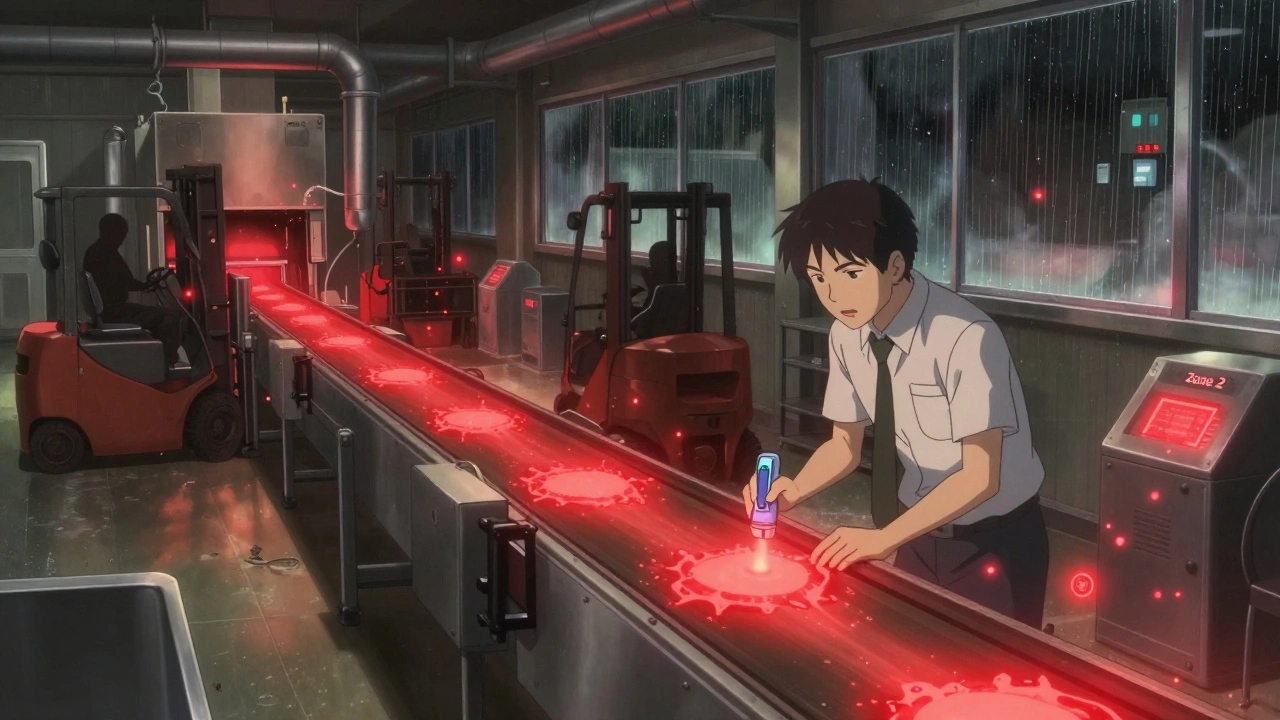 Inspector detecting contamination hotspots on a conveyor belt in a food facility at night.