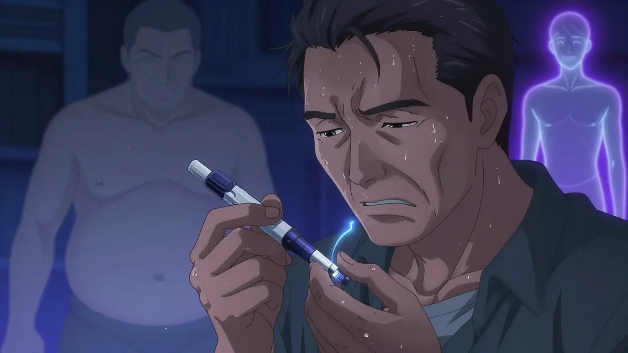 Man injecting GLP-1 pen at night, ghostly past and glowing future selves visible.