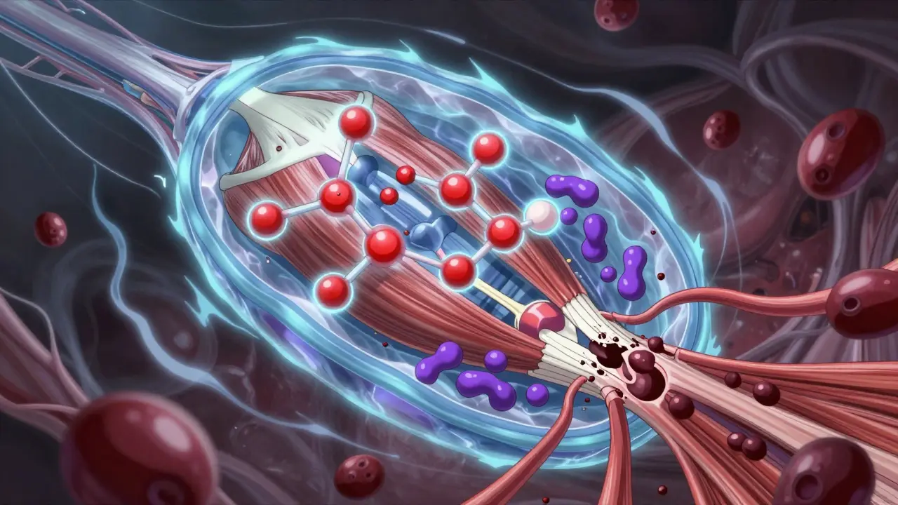 Molecular view of statins breaking down muscle fibers and releasing myoglobin into blood