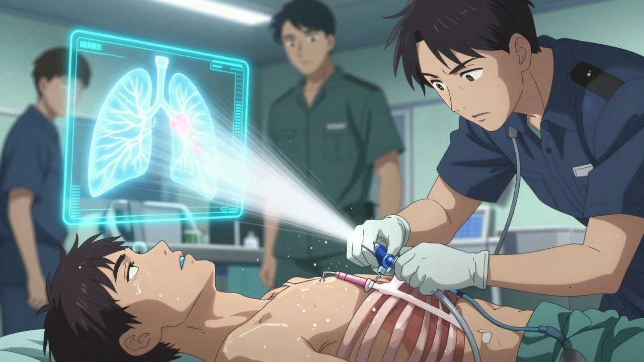 Paramedic inserting needle into chest to release trapped air, blue lips and dynamic motion lines.