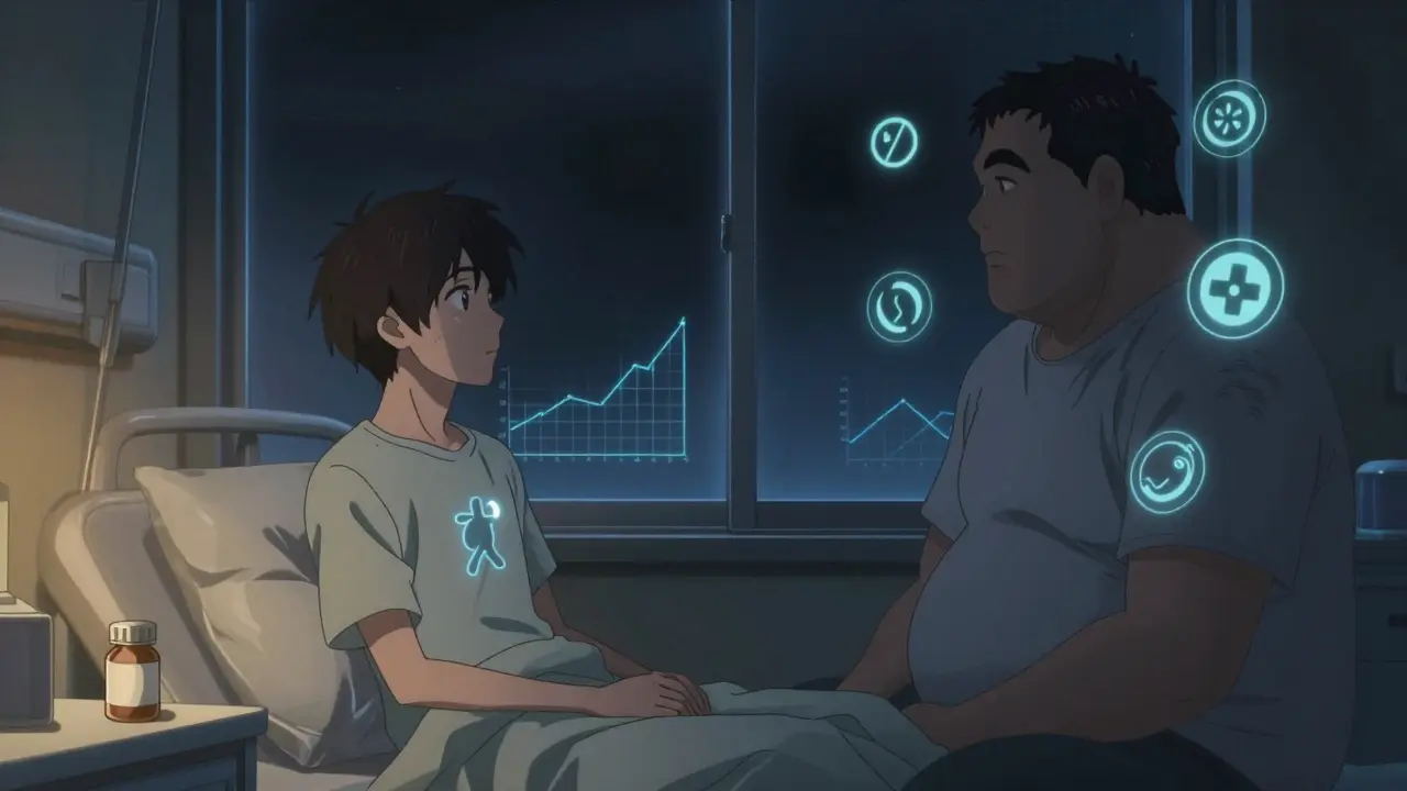 Patient's reflection split between two versions with lithium and quetiapine symbols in a hospital room at night.