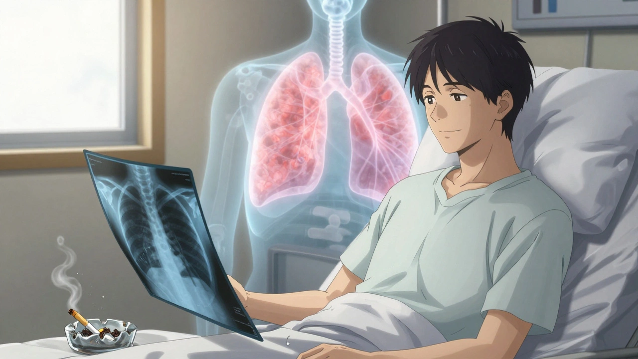 Patient recovering after surgery, healthy lung glow behind them, cigarette extinguished nearby.