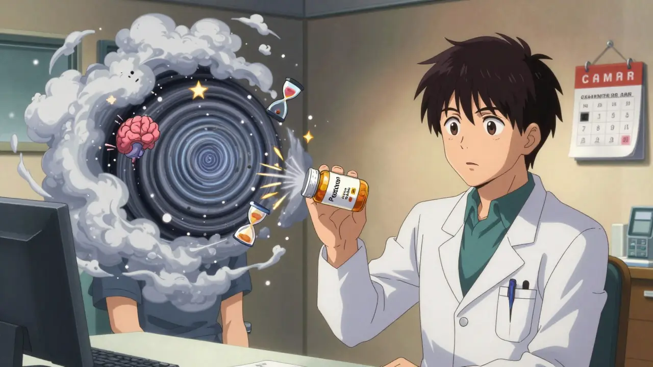 Patient surrounded by swirling symptoms erupting from a pill bottle in a doctor's office.