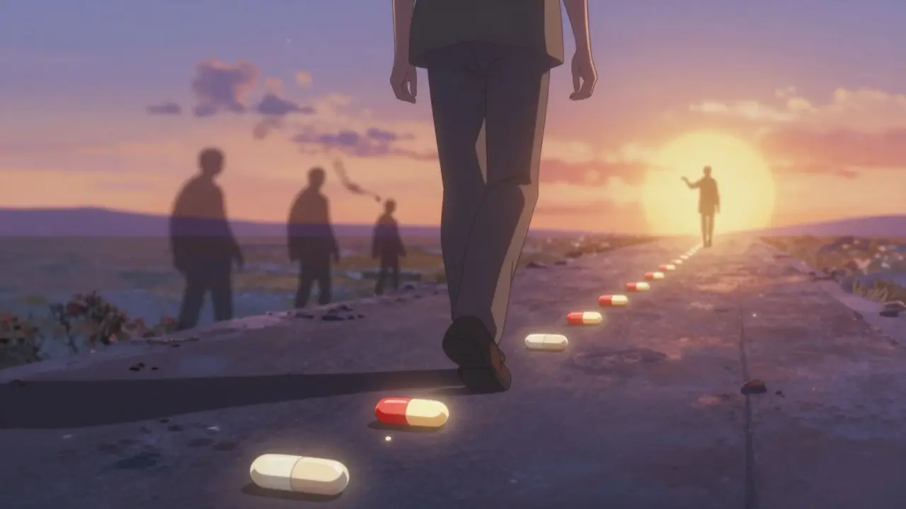 Person walking along path of fading pill fragments toward a glowing capsule of fluoxetine.