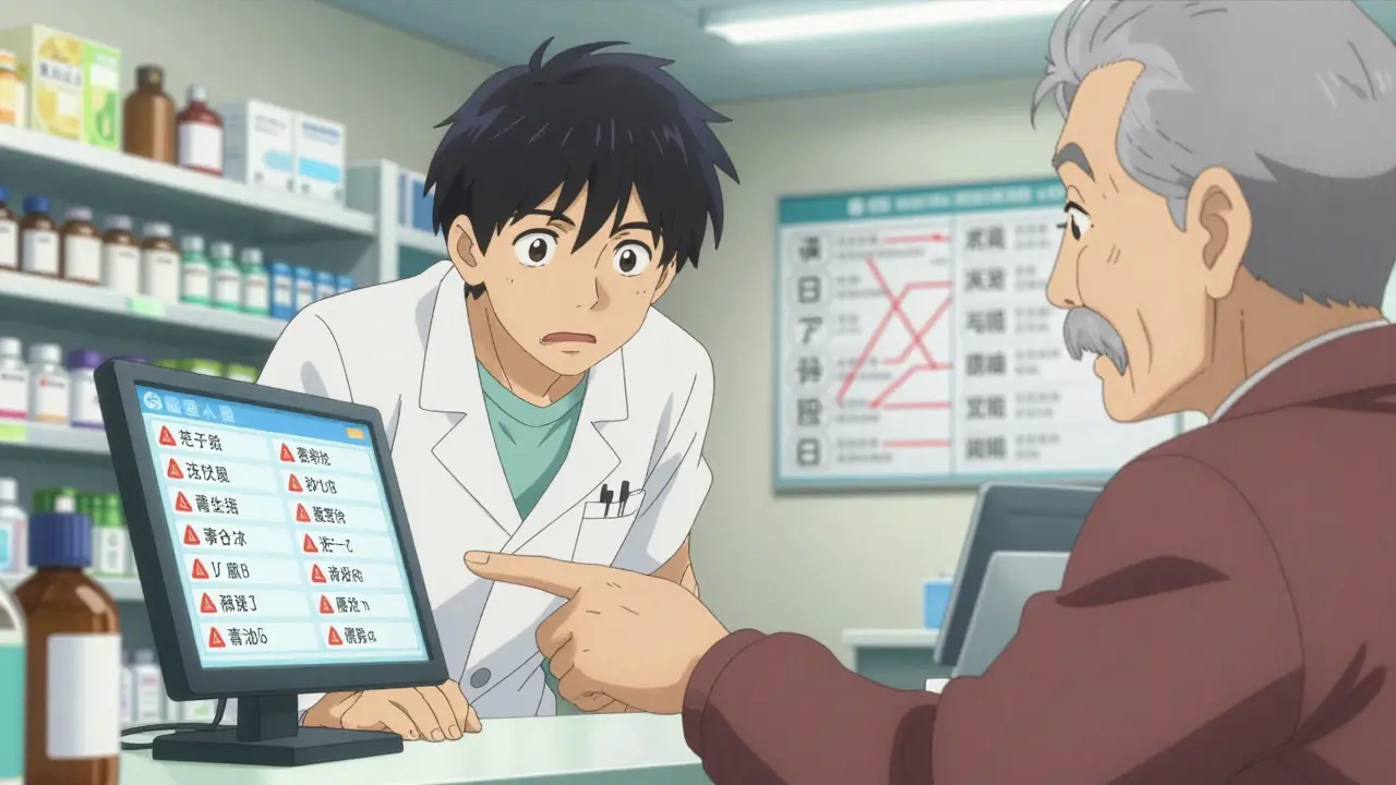 Pharmacist and patient reviewing duplicate medication warnings on a screen.