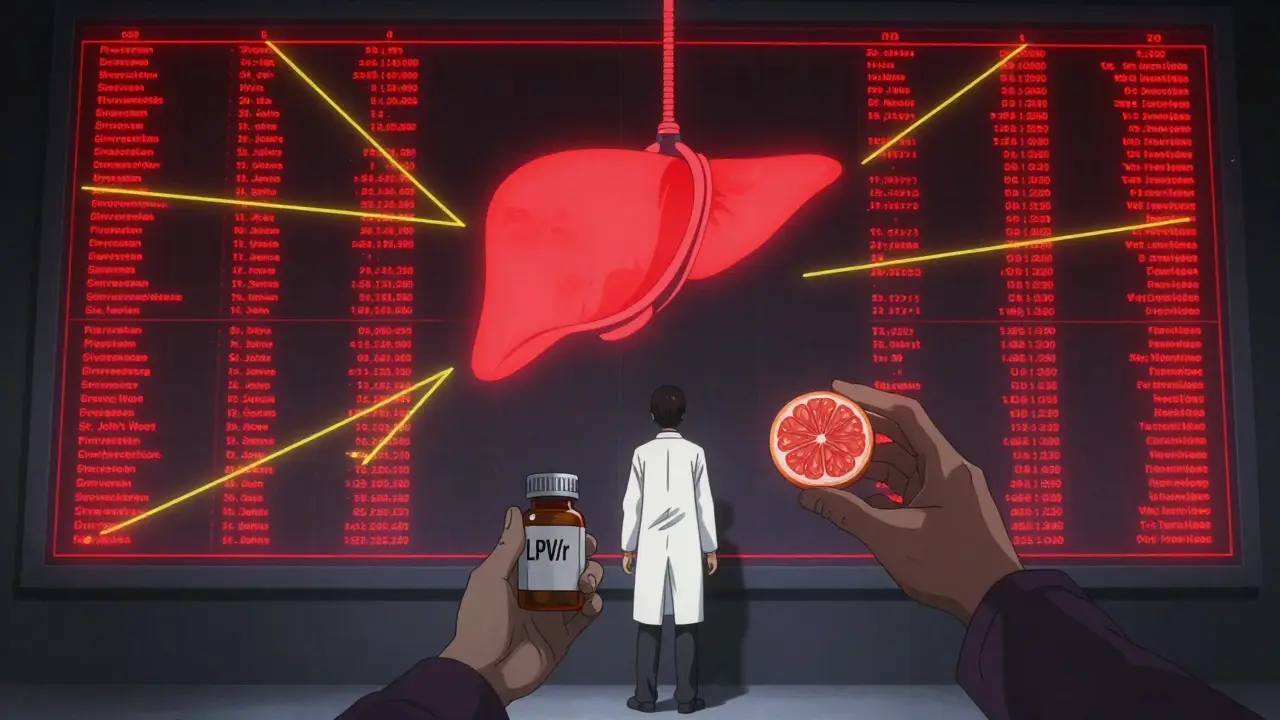 Pharmacist facing a wall of drug interaction warnings, with a grapefruit casting a noose-shaped shadow over a liver icon.