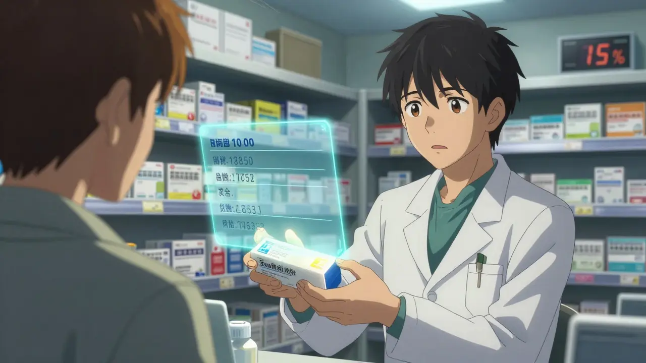 Pharmacist handing sample box with glowing expiration label and holographic decoding overlay.