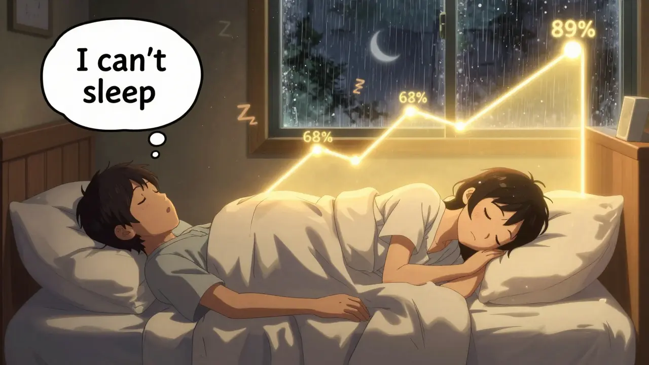 Split scene: exhausted person in bed vs. same person peacefully asleep with rising sleep efficiency graph behind them.