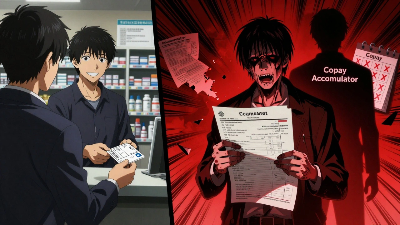 Split scene: one side shows a patient paying <h2>How to Find Out If Your Plan Uses an Accumulator</h2> at the pharmacy, the other shows them shocked by a huge medical bill.