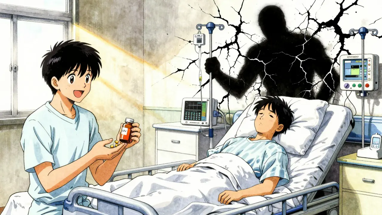 Split scene: patient receiving HIV meds in a clinic vs. same patient in hospital with ritonavir shadow looming.