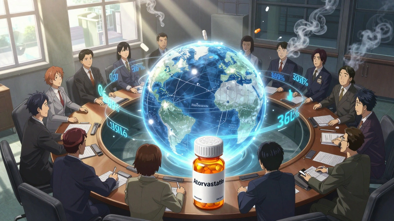 State representatives clasp hands over a glowing globe showing interconnected drug supply chains and price drops.