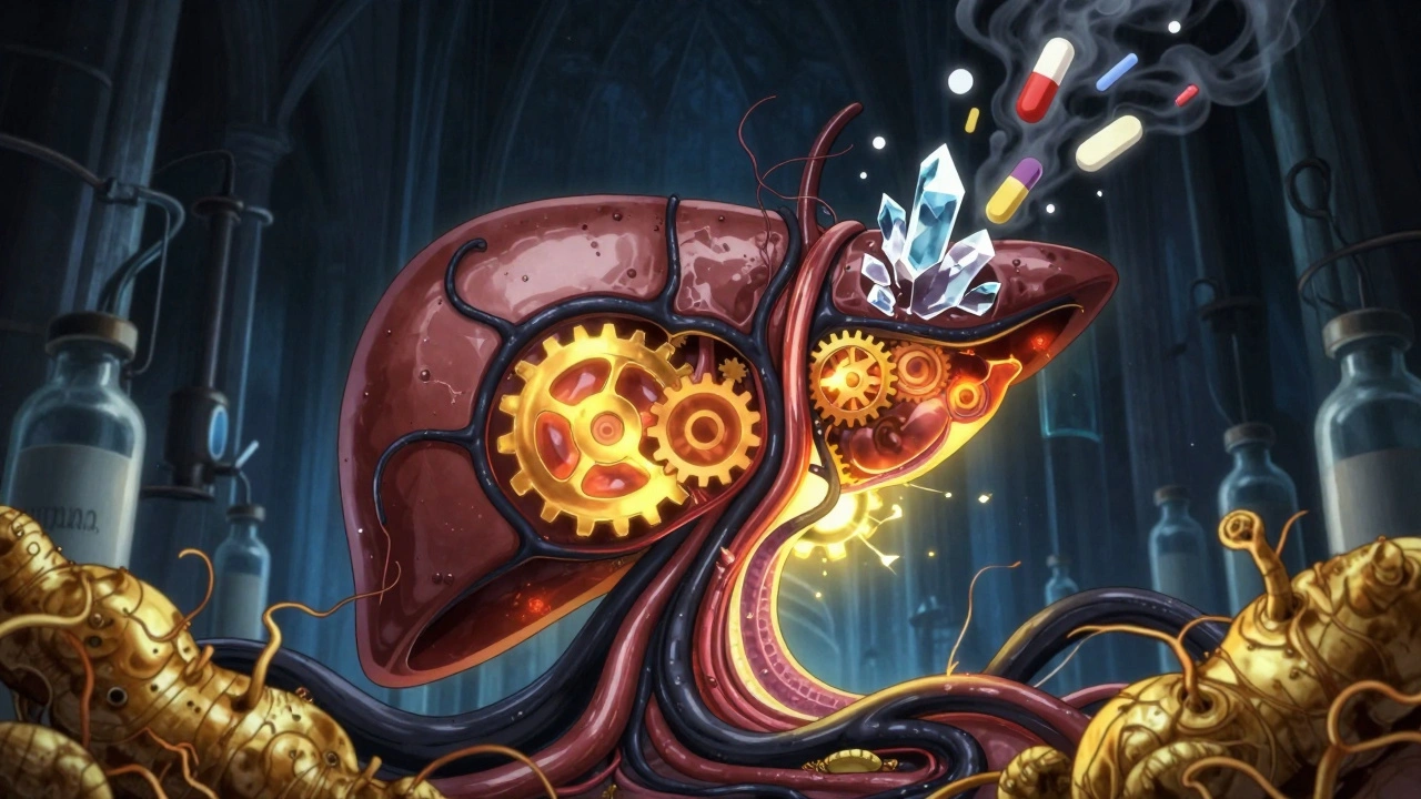 Surreal cross-section of a liver with toxic kava tendrils blocking enzymes and shattering antioxidant crystals.