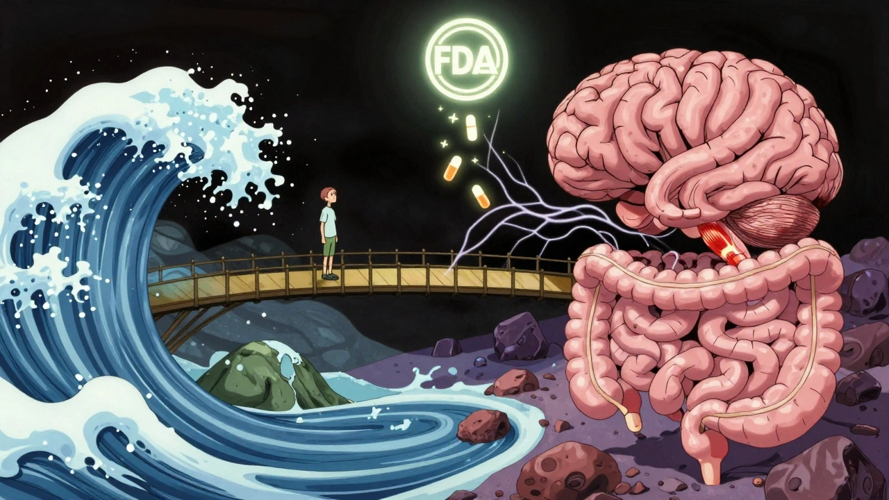Surreal gut-brain connection with neural threads, intestinal landscapes, and FMT capsules falling from above.