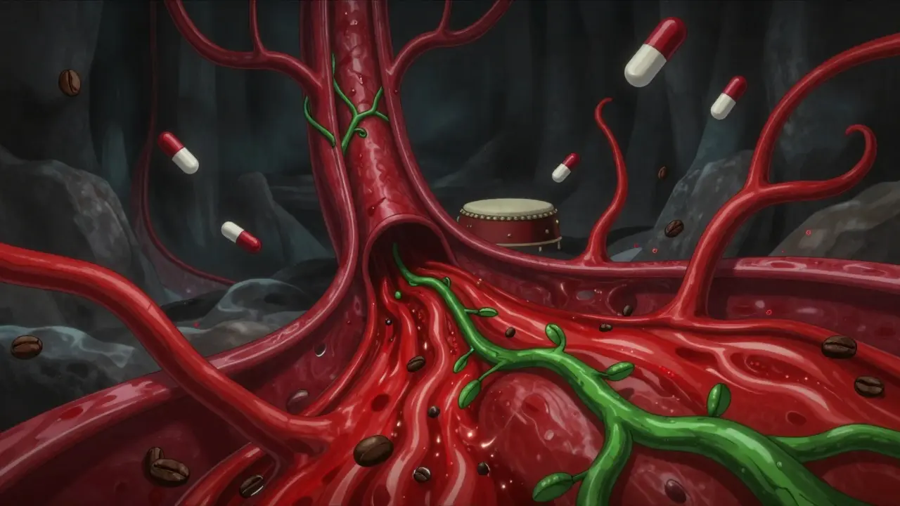 Surreal internal view of arteries under conflicting signals from stimulants and chlorogenic acids, causing violent blood flow oscillations.