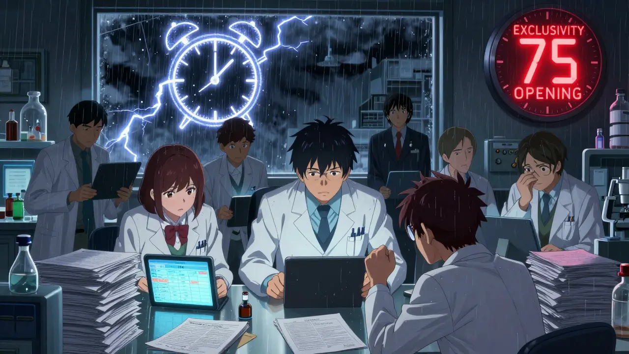 Team in a lab racing against a clock to secure 180-day drug exclusivity.