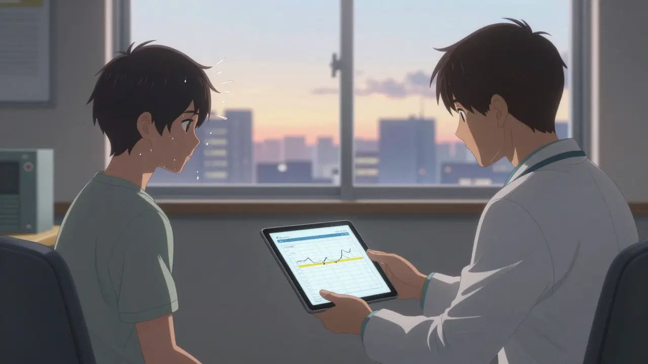 Therapist hands sleep diary to patient in quiet office as dawn breaks outside, patient showing quiet relief.