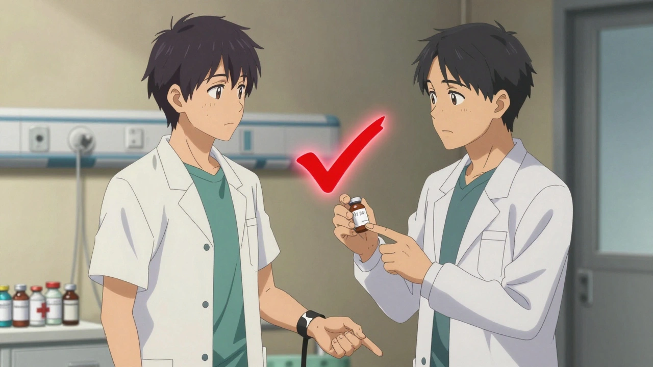 Two clinicians verifying patient identity face-to-face before administering chemotherapy.