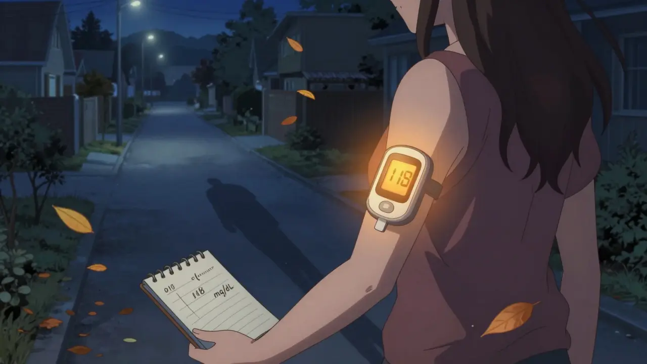 Woman checking her glucose monitor while taking a quiet evening walk.
