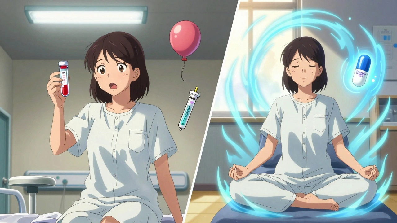 Woman in hospital with medical tests on one side, meditating peacefully with probiotic glow on the other.