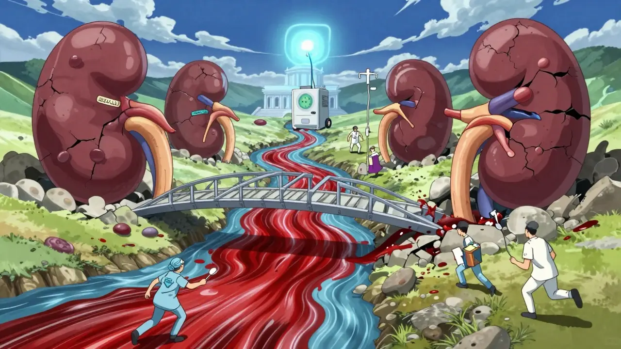 A blood river with crumbling electrolyte bridges, leading to a dialysis temple in anime art.