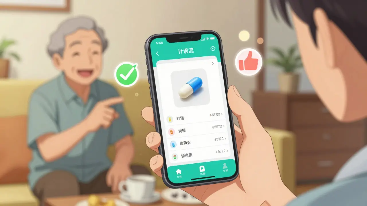 A caregiver showing a pill identification app on a phone to an elderly person, with positive icons floating nearby.