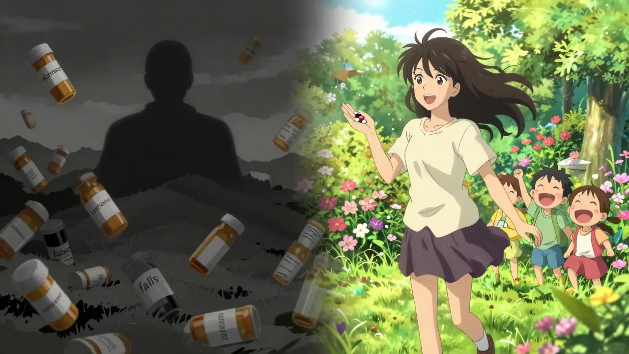 A frail elderly person transitioning from being overwhelmed by pills to walking freely in a garden with fewer medications.