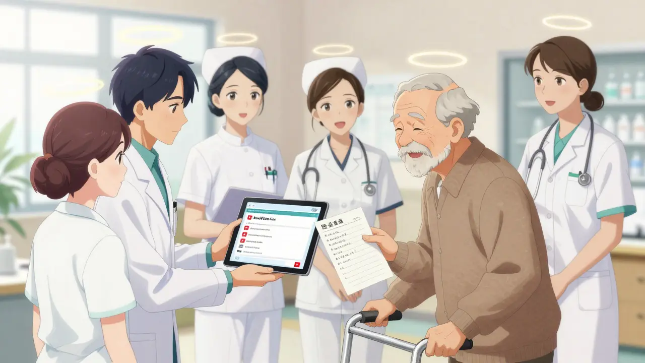 A healthcare team reviewing a patient's medication risks on a tablet, with the patient holding her pill list.