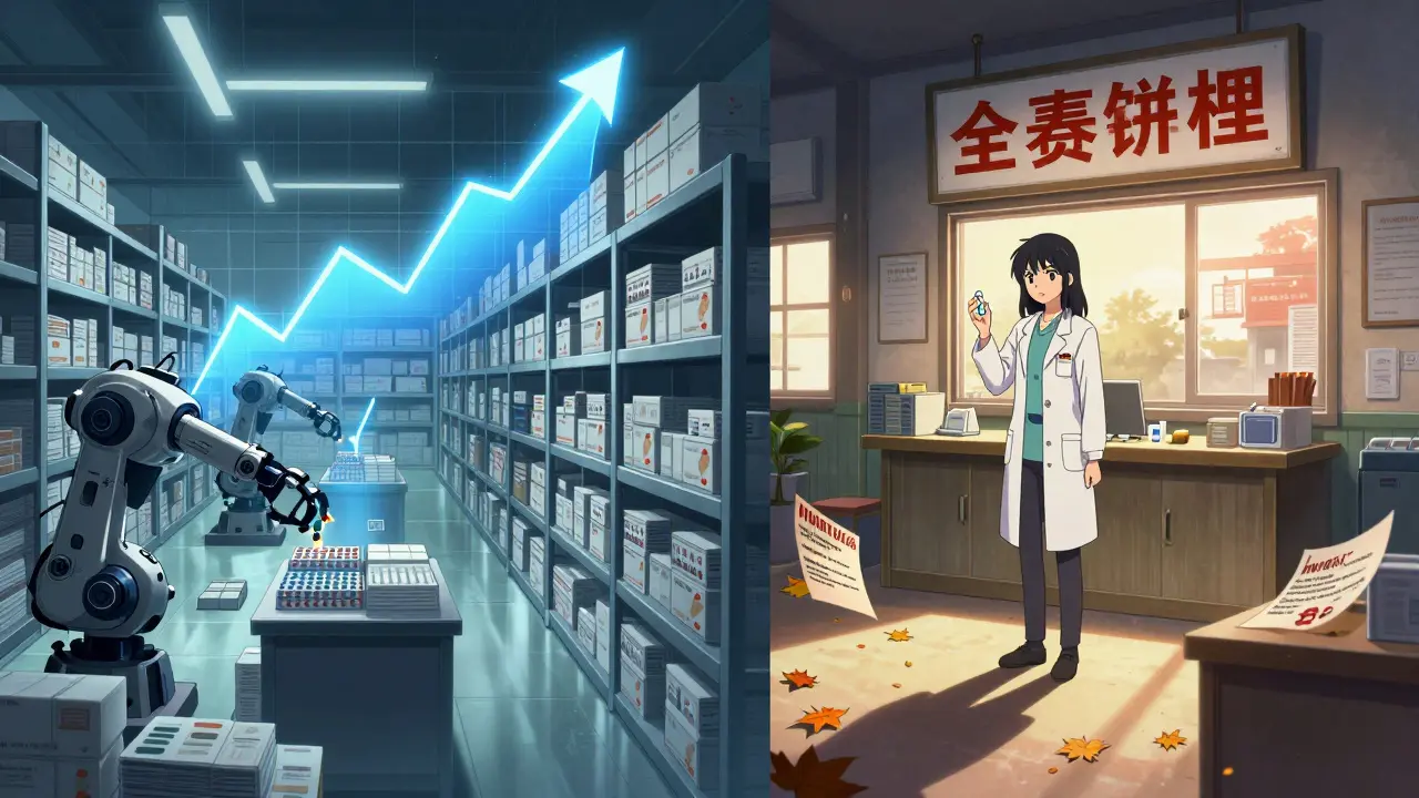 A lone pharmacist holds a generic pill while mail-order robots pack pills in cold, automated warehouse light.