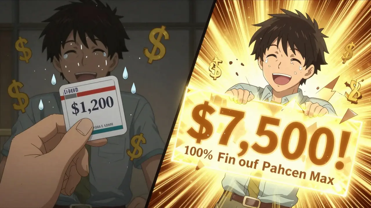 A person experiencing financial relief after reaching their out-of-pocket maximum for medication costs.