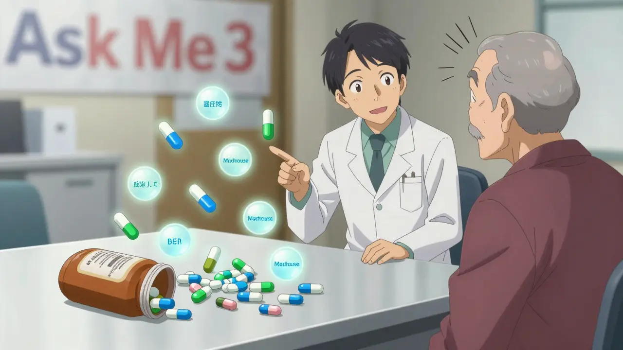 A pharmacist and patient reviewing pills from a brown bag, with color-coded names glowing above each pill.