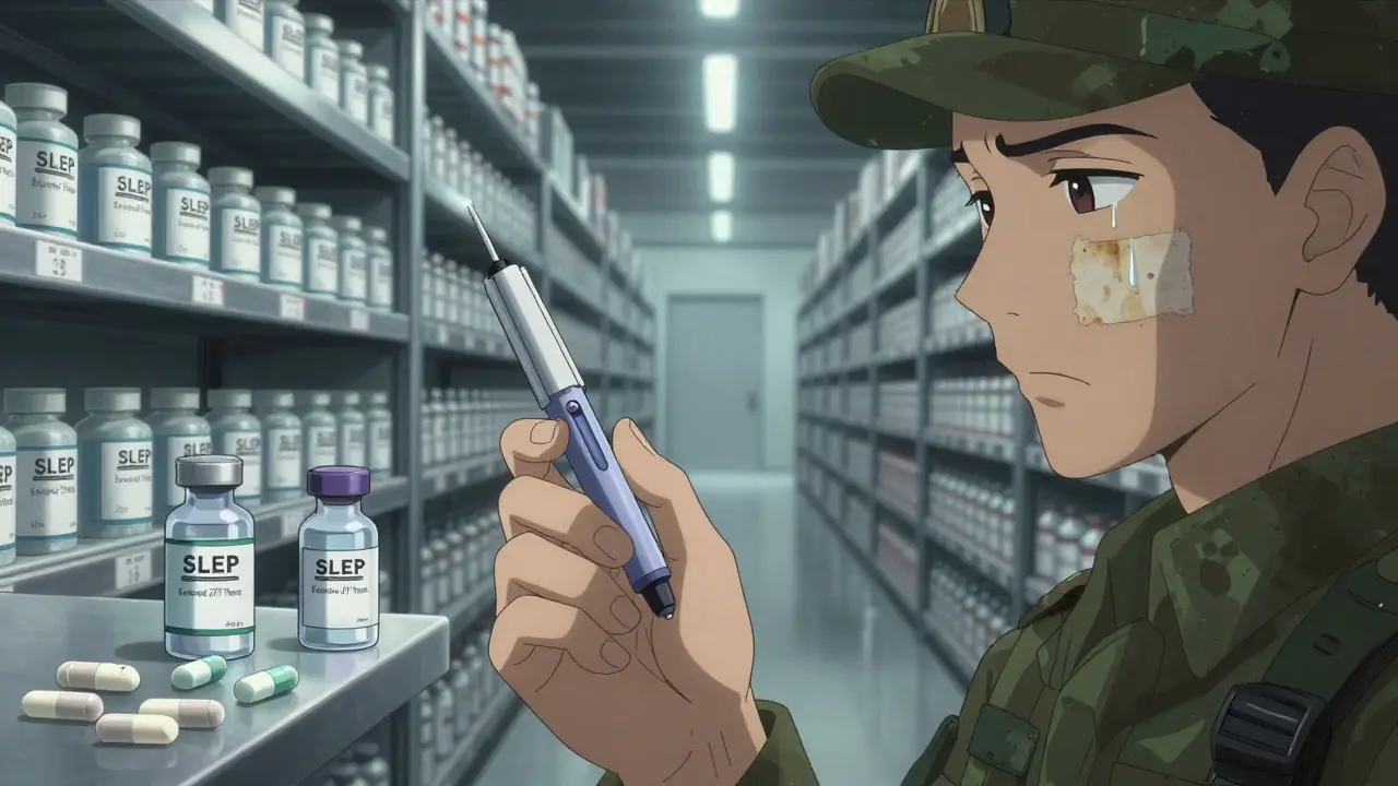 A pharmacist holds dangerous expired liquids beside endless shelves of extended-life military drugs.