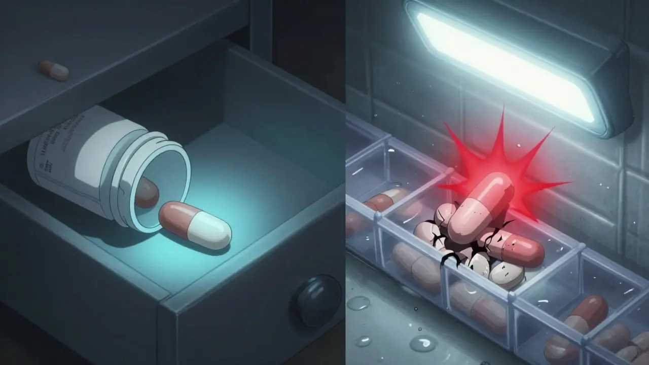 A pill in a dry drawer glows safely, while the same pill in a humid bathroom crumbles with warning sparks.
