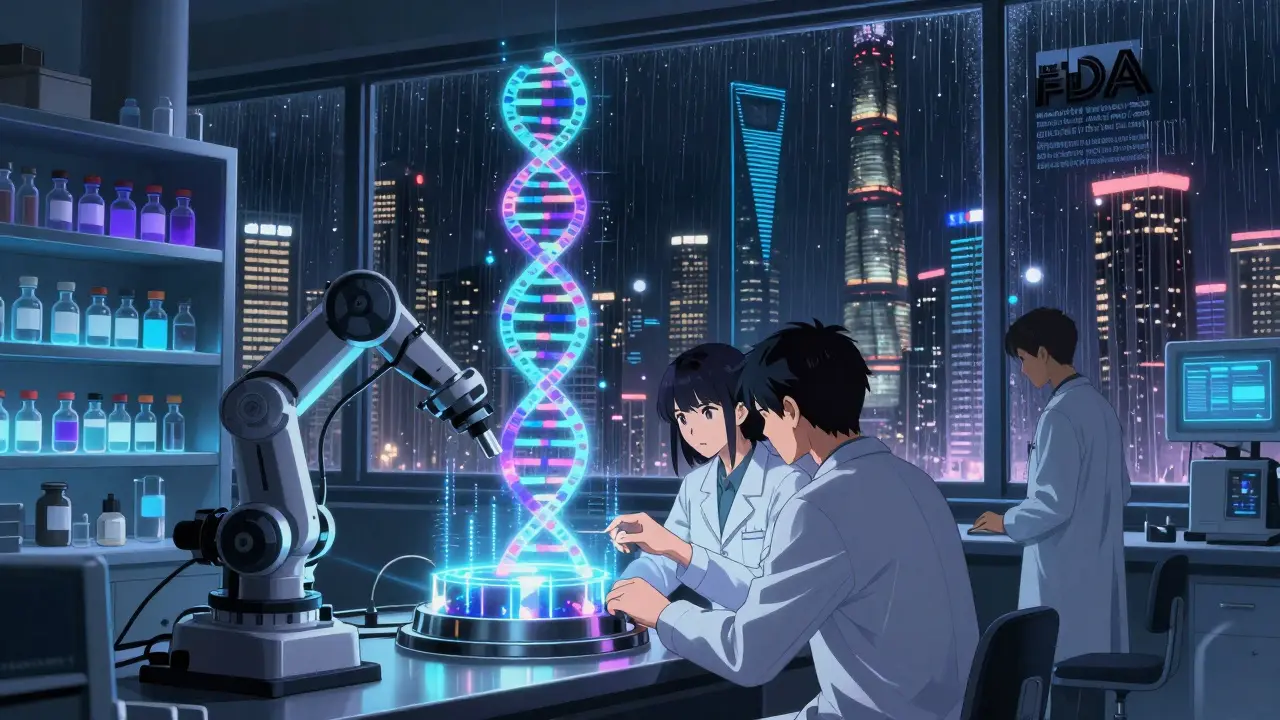 Chinese biotech lab with scientists monitoring glowing holographic biologics, neon lights reflecting on rain-streaked windows.