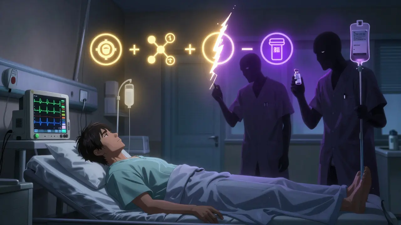 Clinicians facing a patient with dangerous ECG spikes, magnesium and potassium vials in hand.