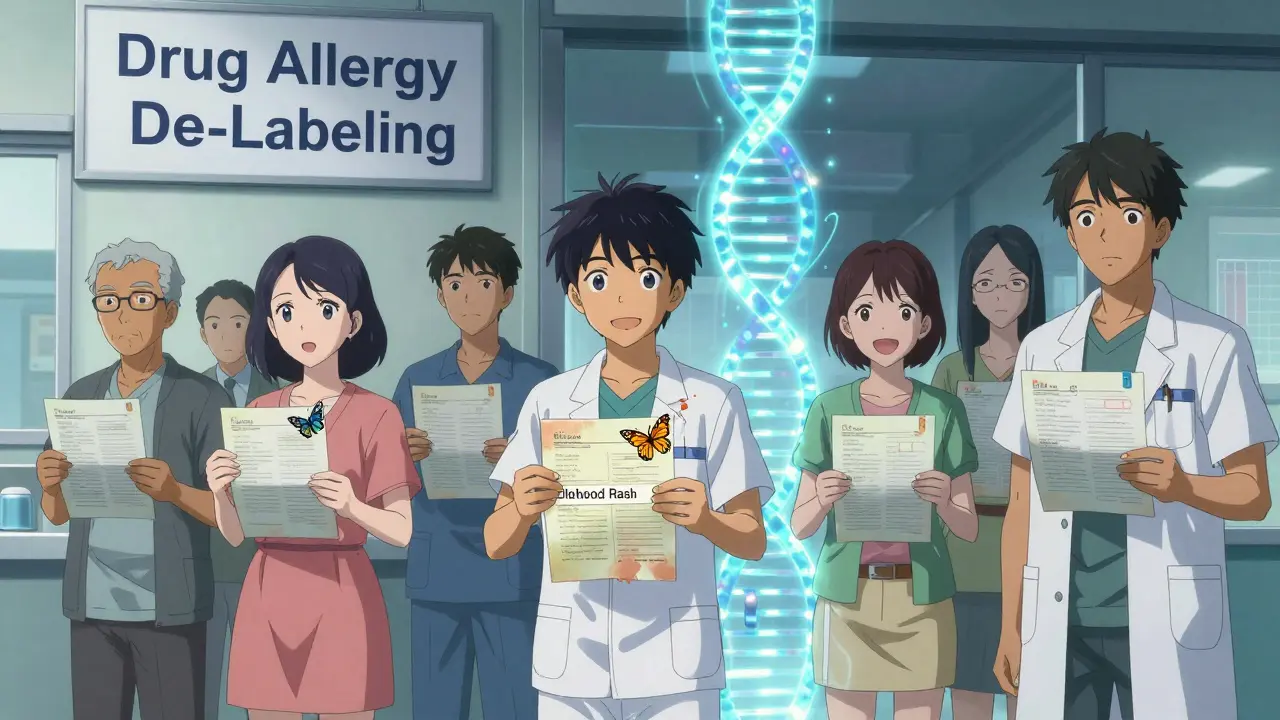 Diverse patients entering a clinic as their old allergy labels turn into butterflies, symbolizing liberation through testing.