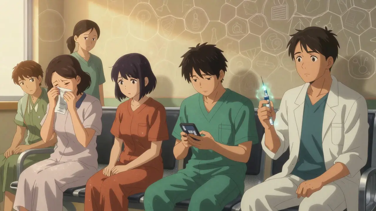 Diverse patients in clinic, hives swirling around them, one holding an injection pen with hopeful expression.