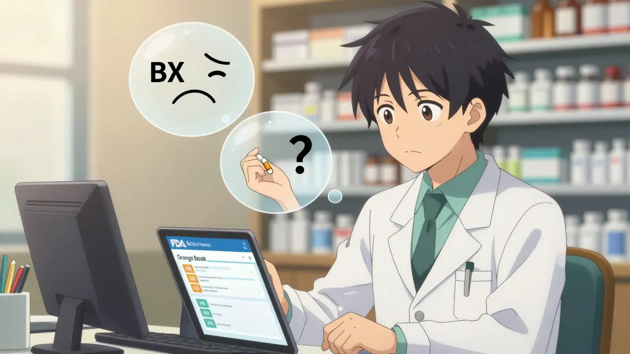 Doctor viewing FDA Orange Book on tablet with thought bubbles showing confusion and clarity.