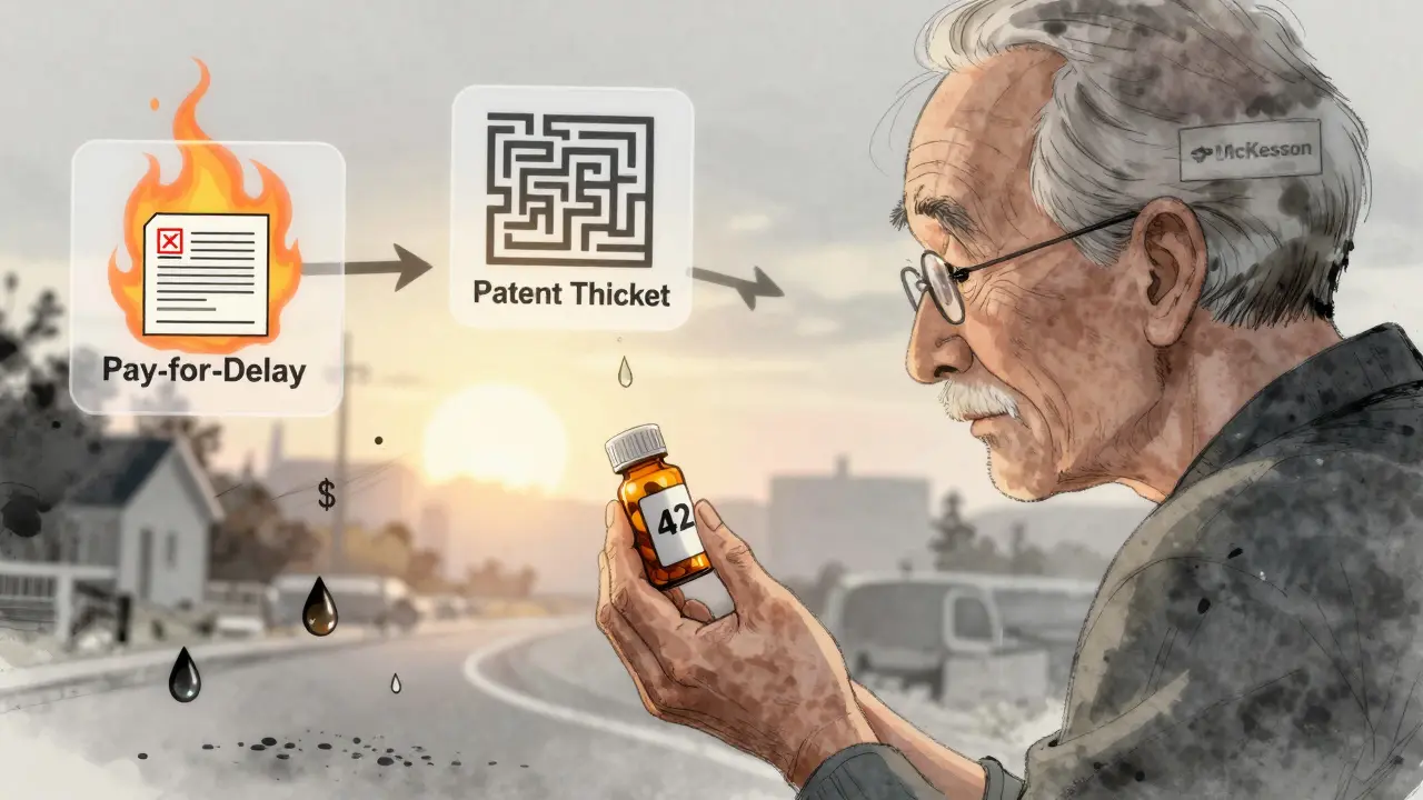 Elderly patient holding cheap generic pill as blocked pathways of corporate barriers float around them.
