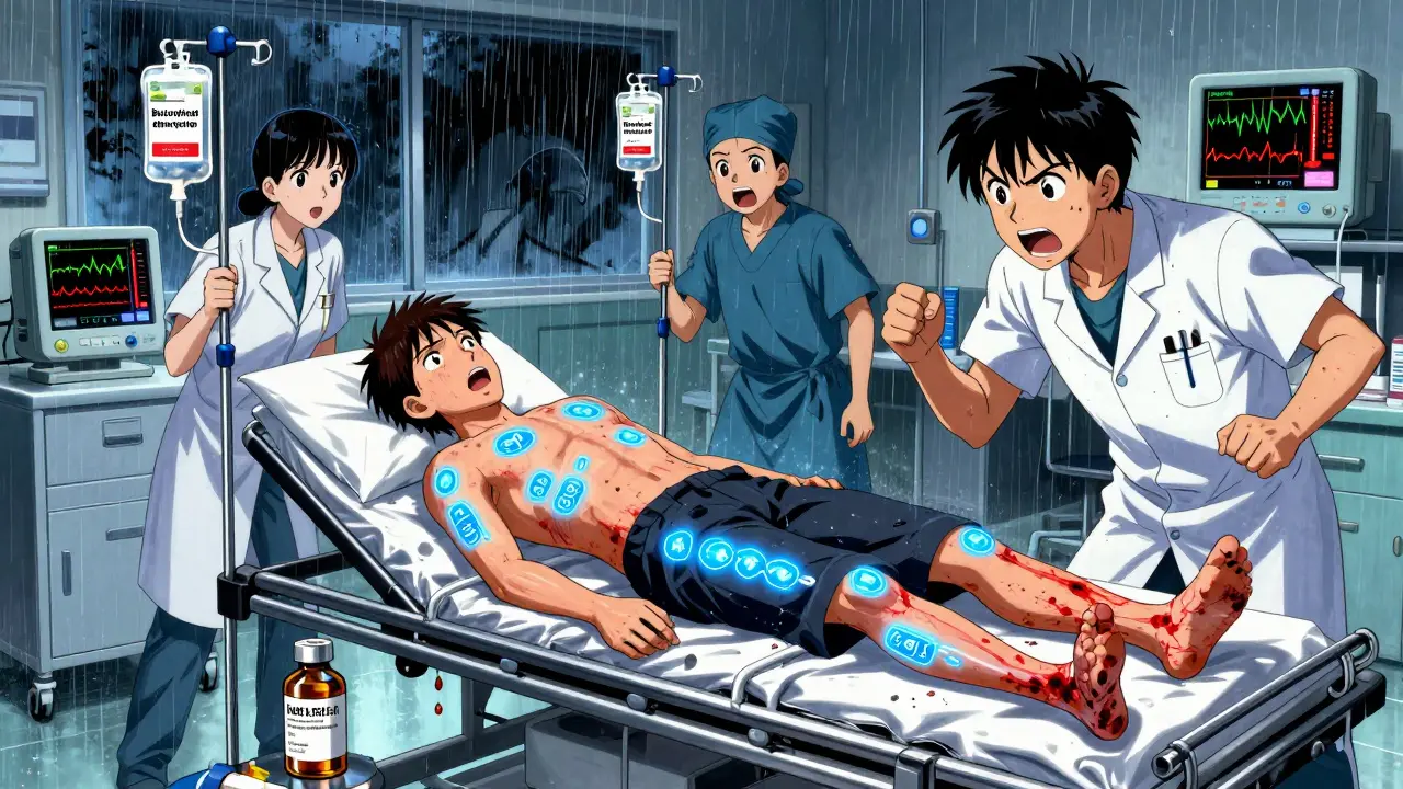 Emergency room scene with patient showing serotonin syndrome, doctors rushing with IVs and monitors spiking.