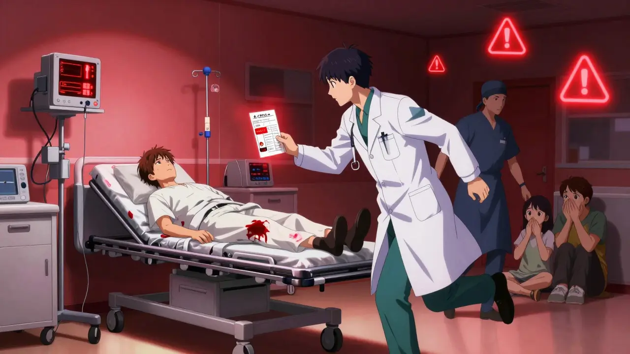 Emergency room staff rushing to treat patient with critical INR levels and blood-stained clothing.