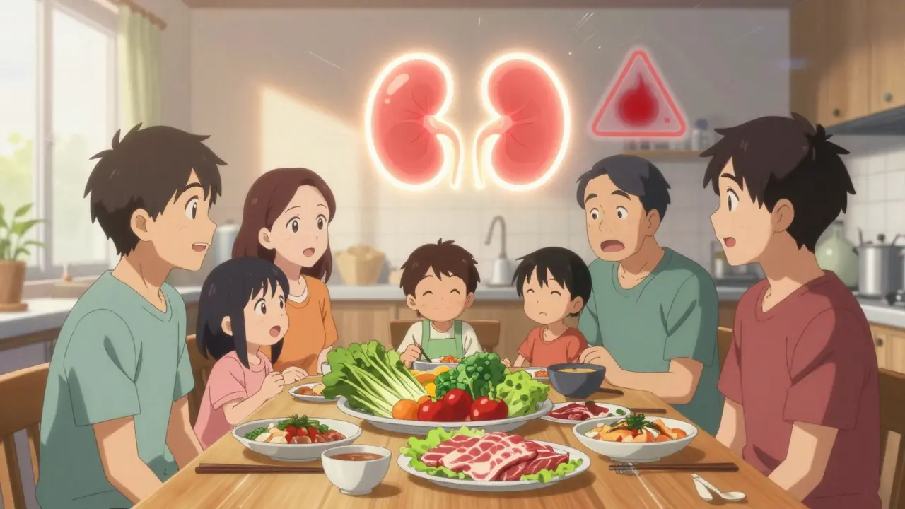 Family eating healthy meals with glowing kidney icon above them, blood clot symbol fading away.