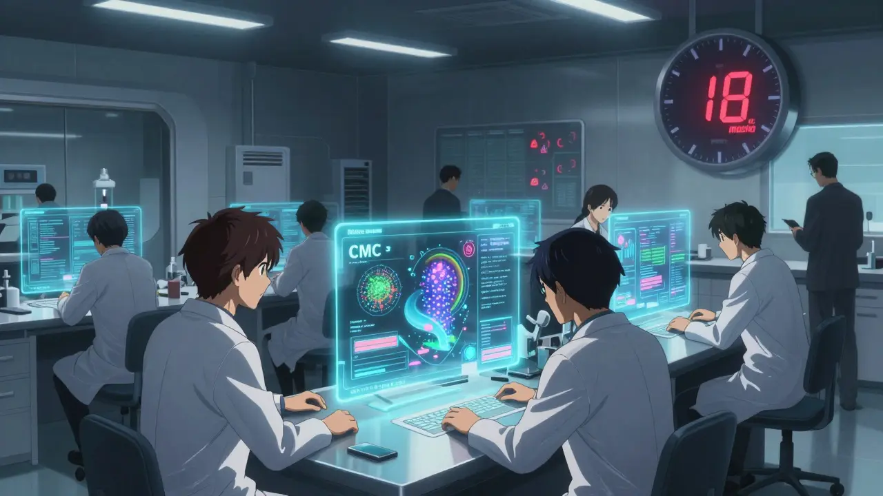 FDA scientists reviewing holographic drug data in a high-tech lab with a countdown clock and CRL warnings.
